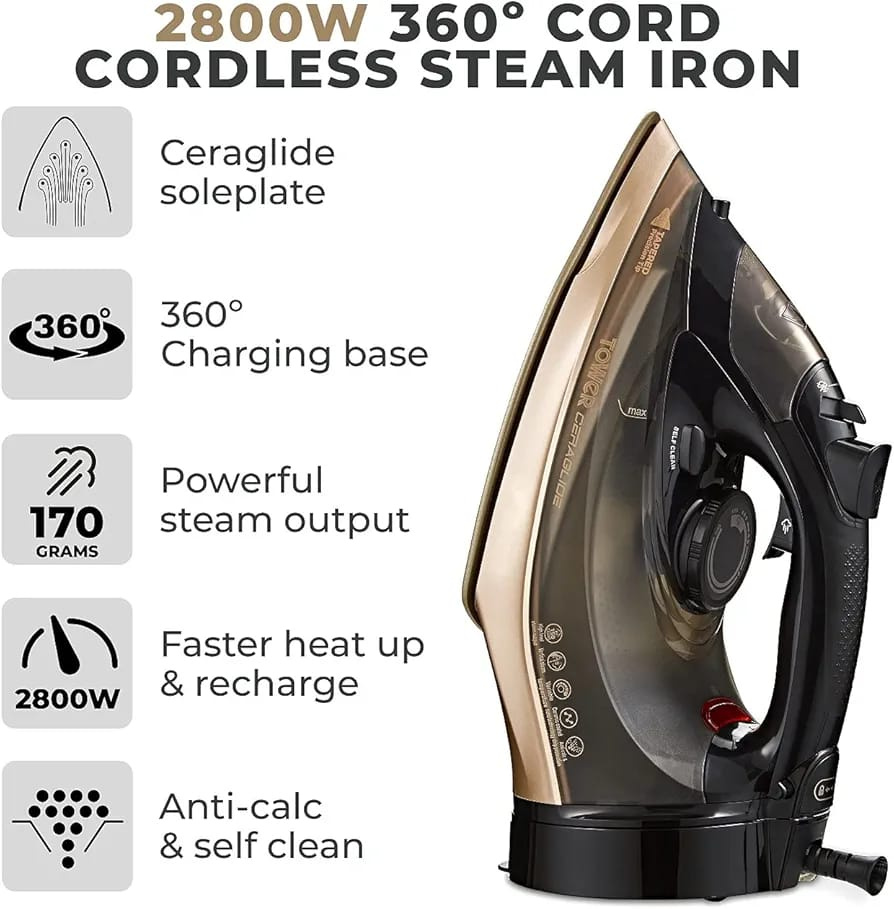 Tower Ceraglide 360 Cordless Steam Iron 2800W with Ceramic Soleplate