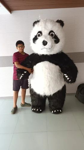 Inflatable Panda Mascot Costume with Long Faux Fur, Fan & Battery Pack