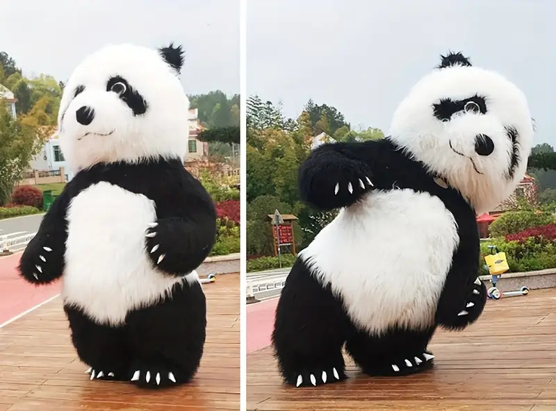 Inflatable Panda Mascot Costume with Long Faux Fur, Fan & Battery Pack