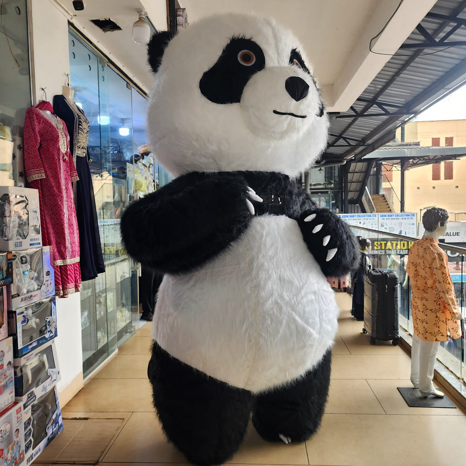 Inflatable Panda Mascot Costume with Long Faux Fur, Fan & Battery Pack