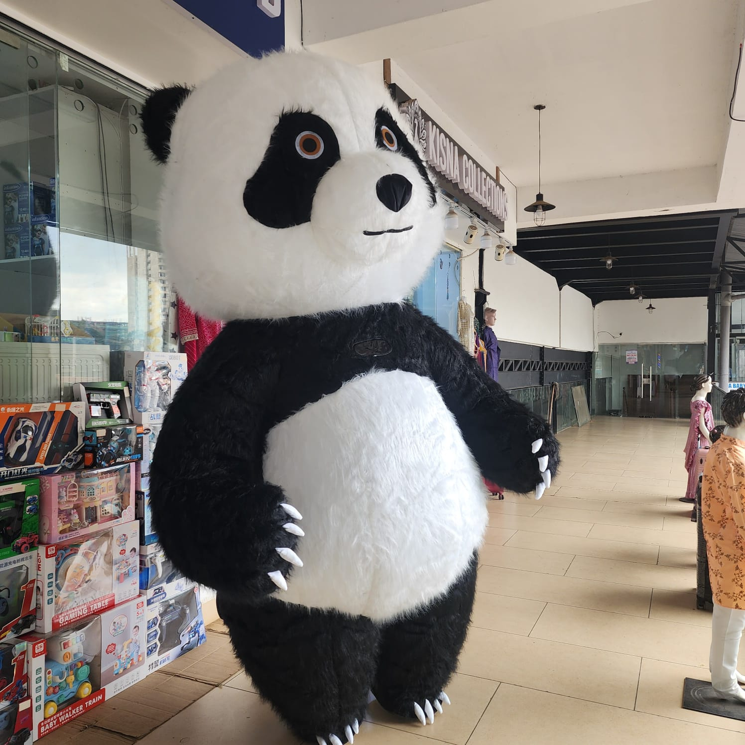Inflatable Panda Mascot Costume with Long Faux Fur, Fan & Battery Pack