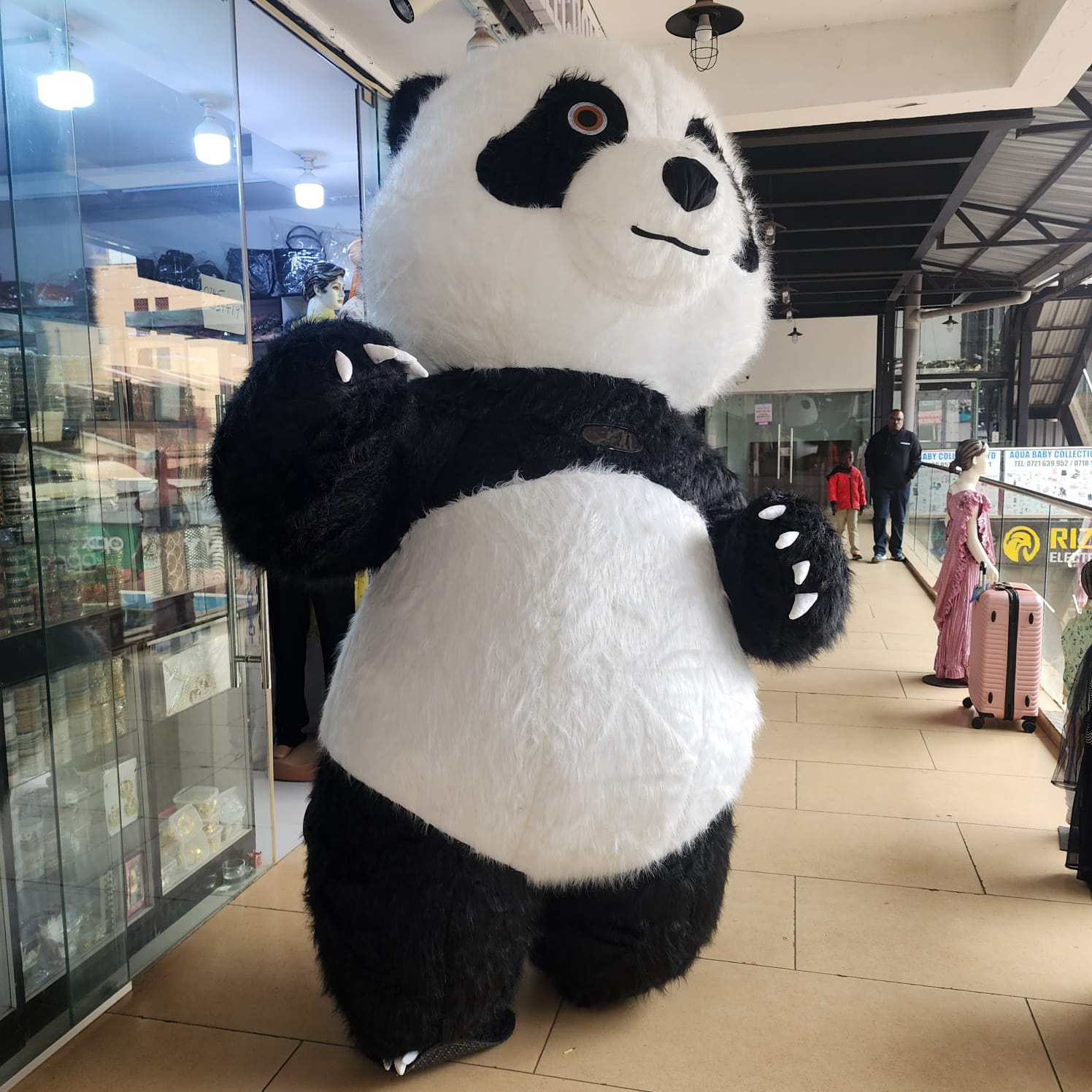 Inflatable Panda Mascot Costume with Long Faux Fur, Fan & Battery Pack