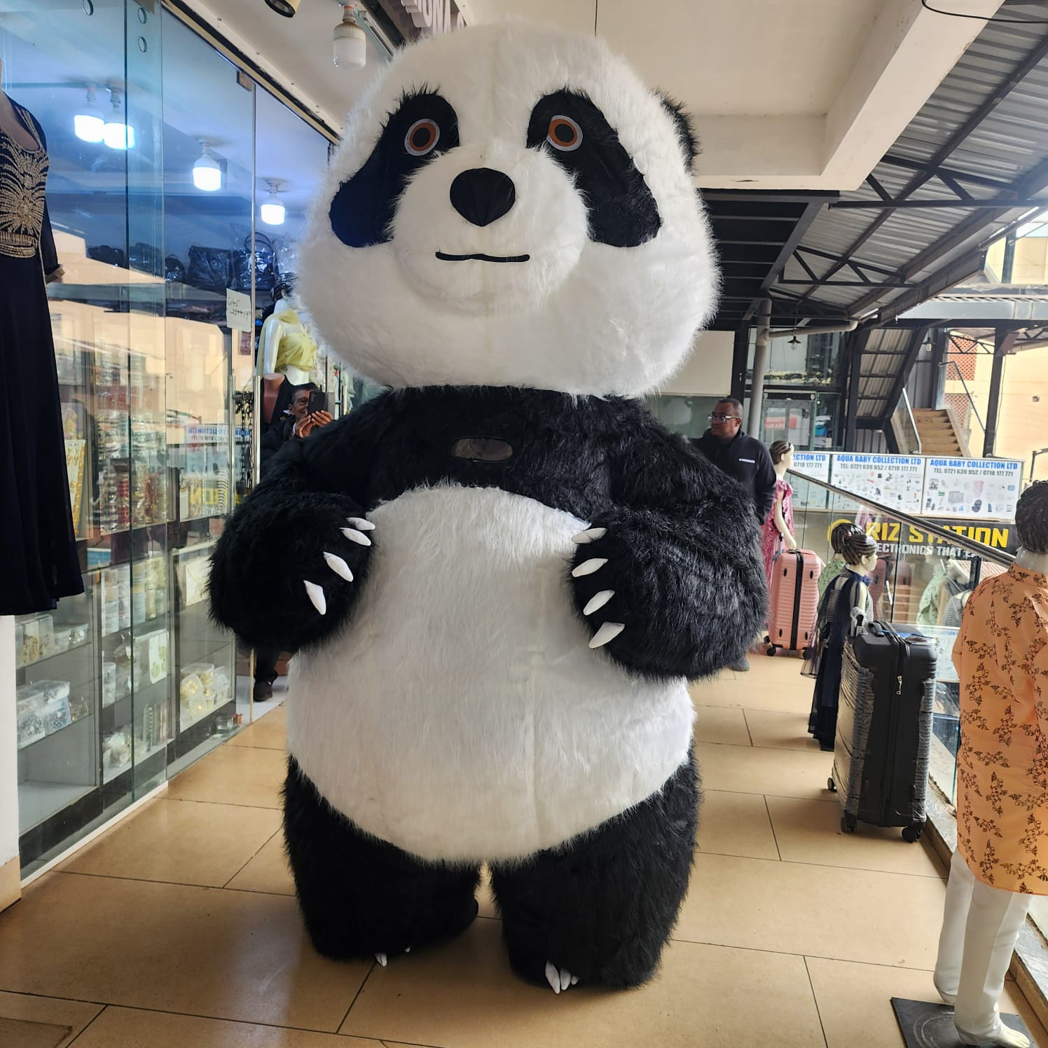 Inflatable Panda Mascot Costume with Long Faux Fur, Fan & Battery Pack