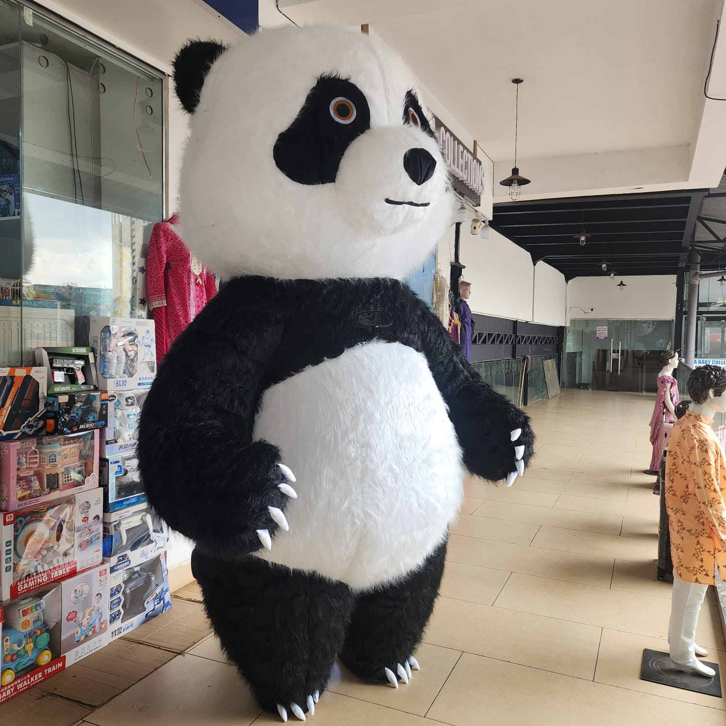 Inflatable Panda Mascot Costume with Long Faux Fur, Fan & Battery Pack