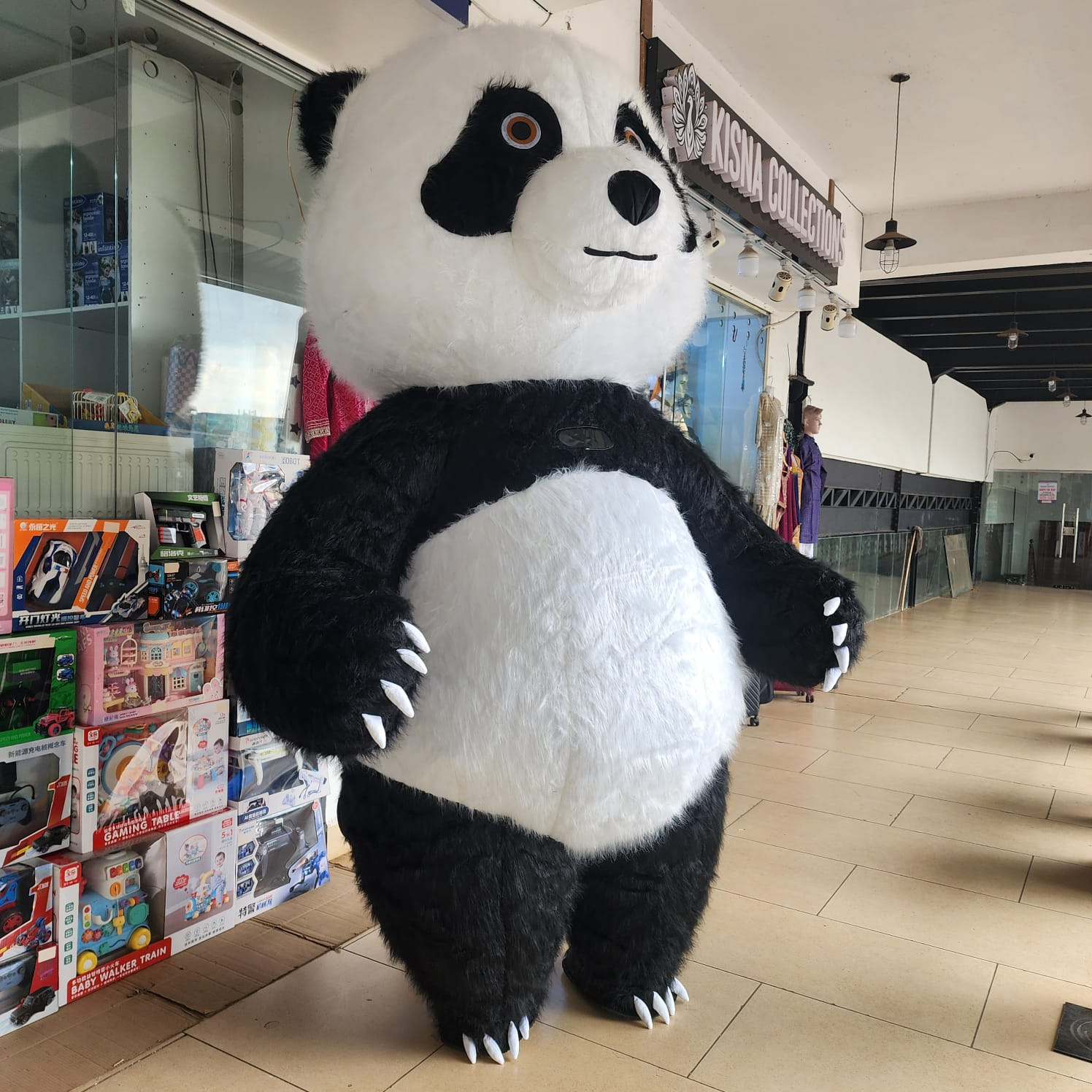 Inflatable Panda Mascot Costume with Long Faux Fur, Fan & Battery Pack