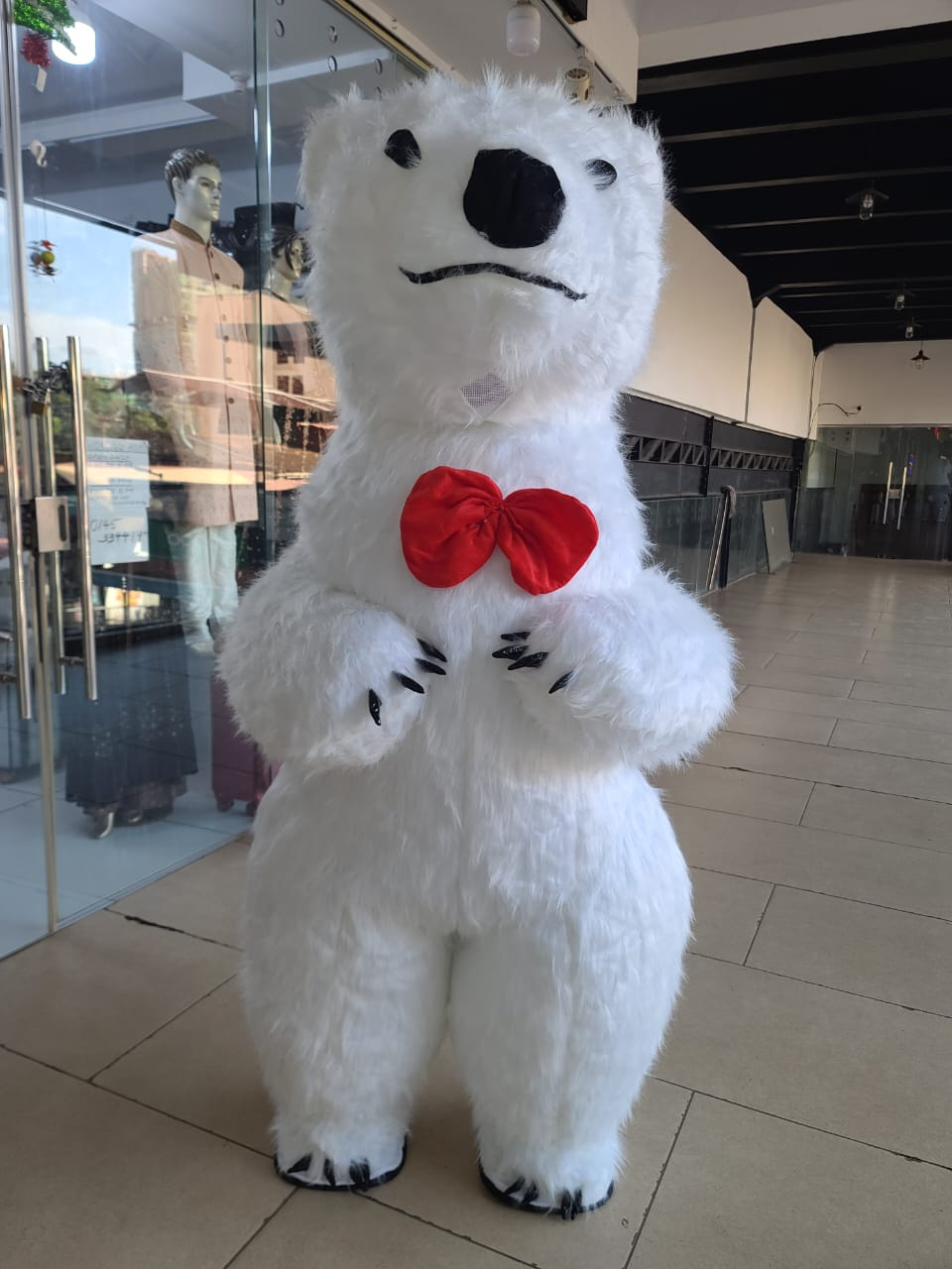 Inflatable Polar Bear Mascot Costume with Plush Fur & Red Bow Tie – Event Promotion Costume