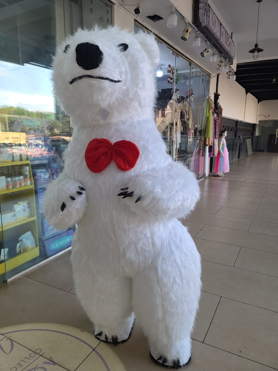 Inflatable Polar Bear Mascot Costume with Plush Fur & Red Bow Tie – Event Promotion Costume