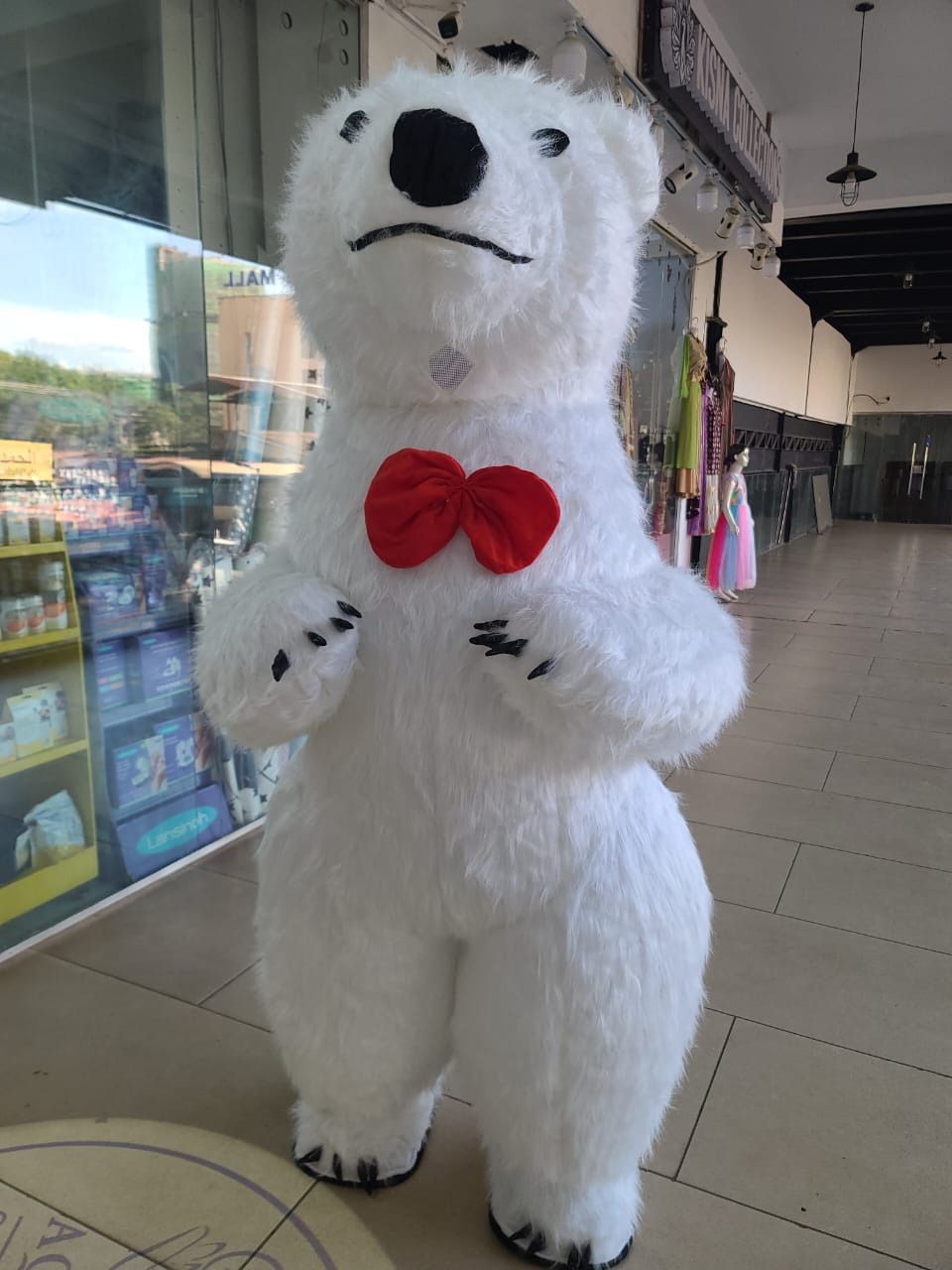 Inflatable Polar Bear Mascot Costume with Plush Fur & Red Bow Tie – Event Promotion Costume
