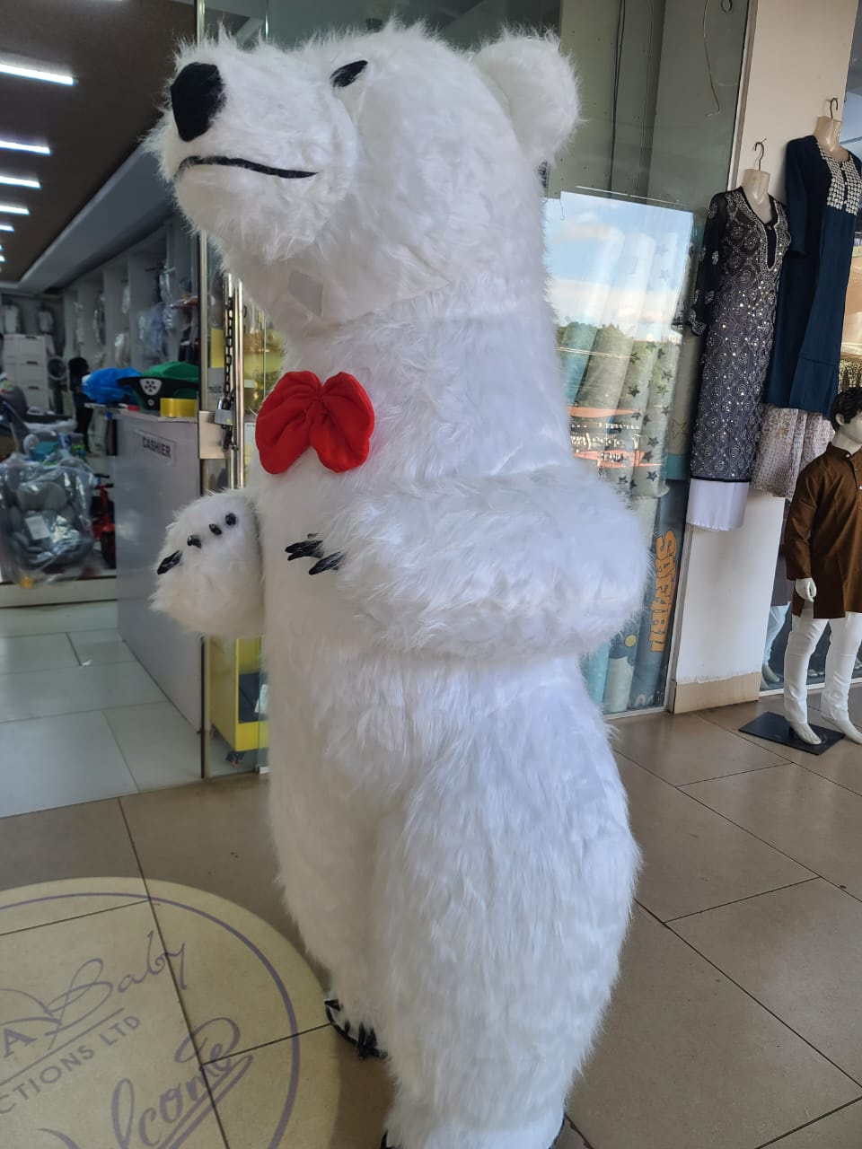 Inflatable Polar Bear Mascot Costume with Plush Fur & Red Bow Tie – Event Promotion Costume