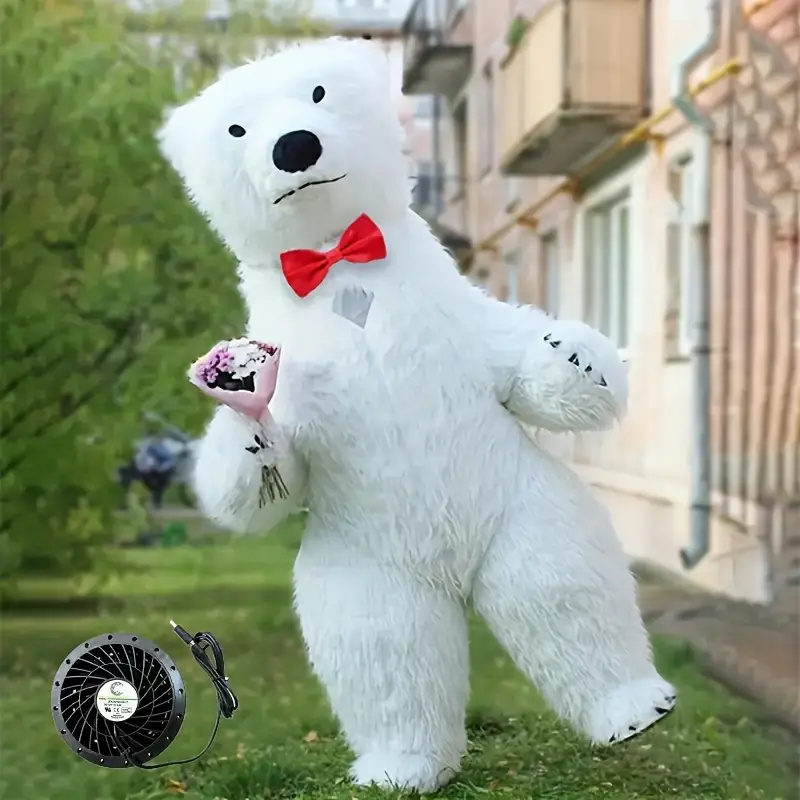 Inflatable Polar Bear Mascot Costume with Plush Fur & Red Bow Tie – Event Promotion Costume