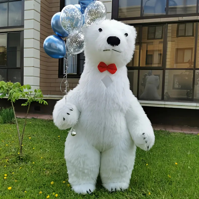 Inflatable Polar Bear Mascot Costume with Plush Fur & Red Bow Tie – Event Promotion Costume