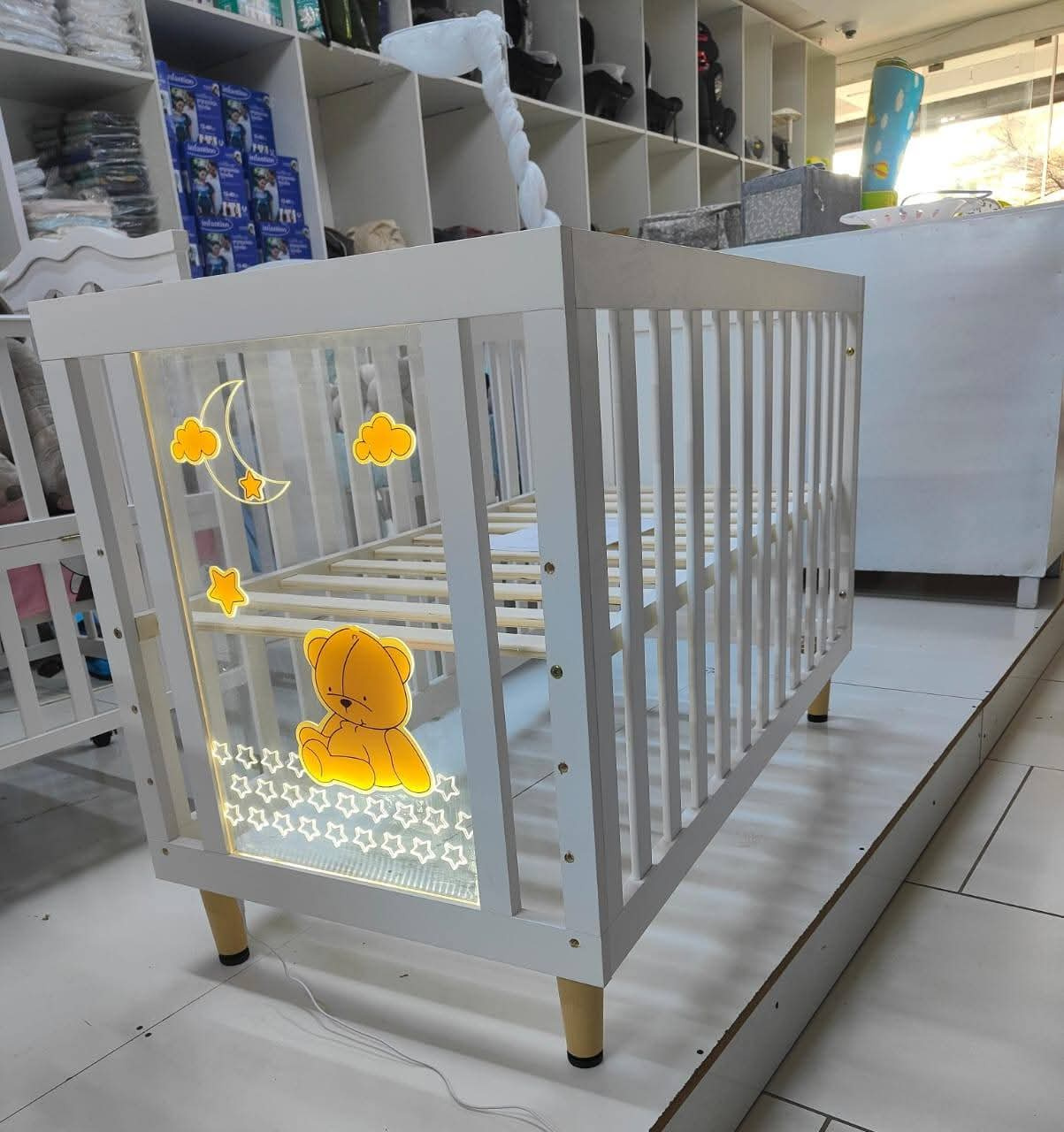 White Wooden LED Baby Crib & Co-Sleeper for Newborns | Modern Baby Cot