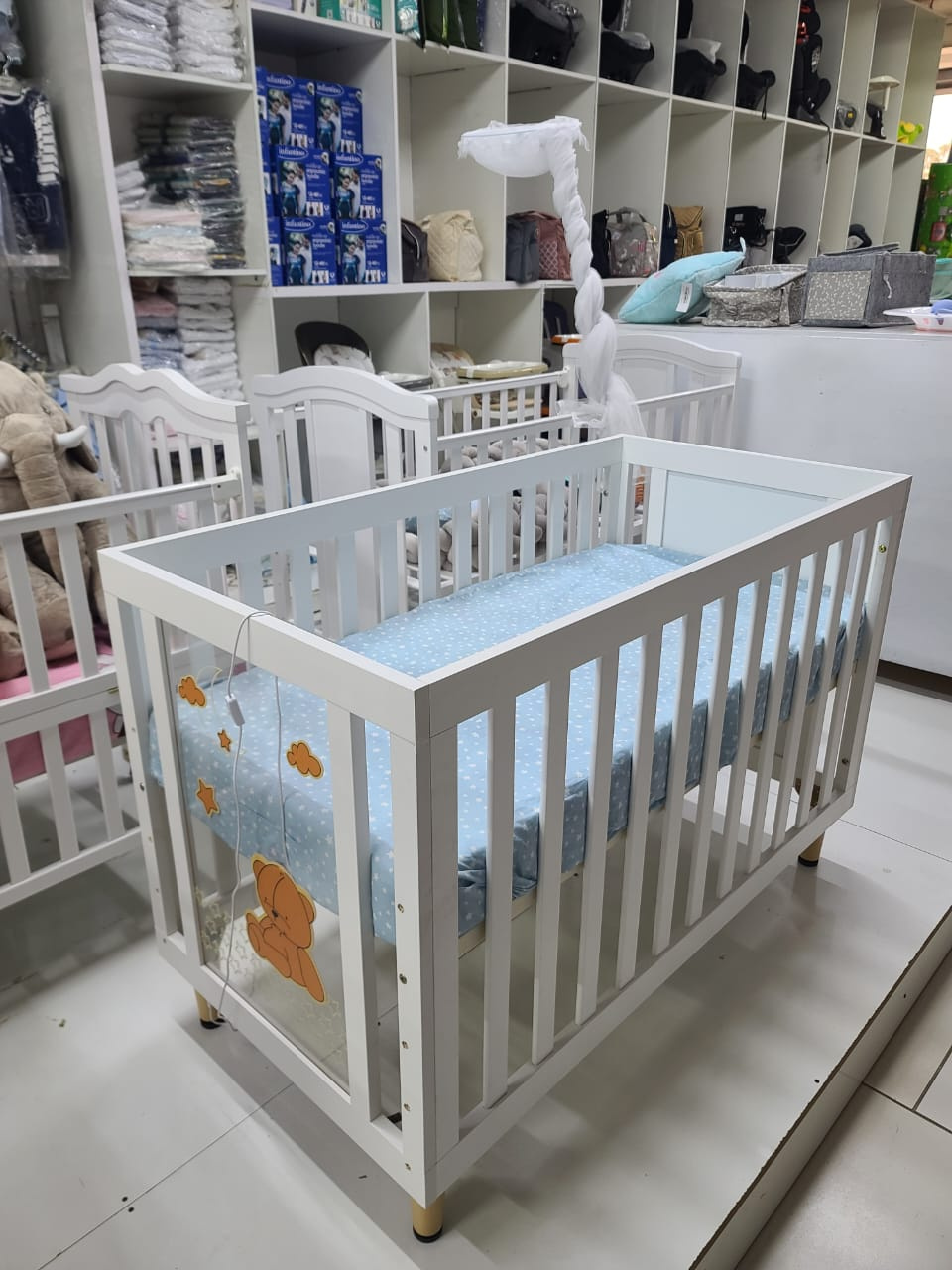 White Wooden LED Baby Crib & Co-Sleeper for Newborns | Modern Baby Cot