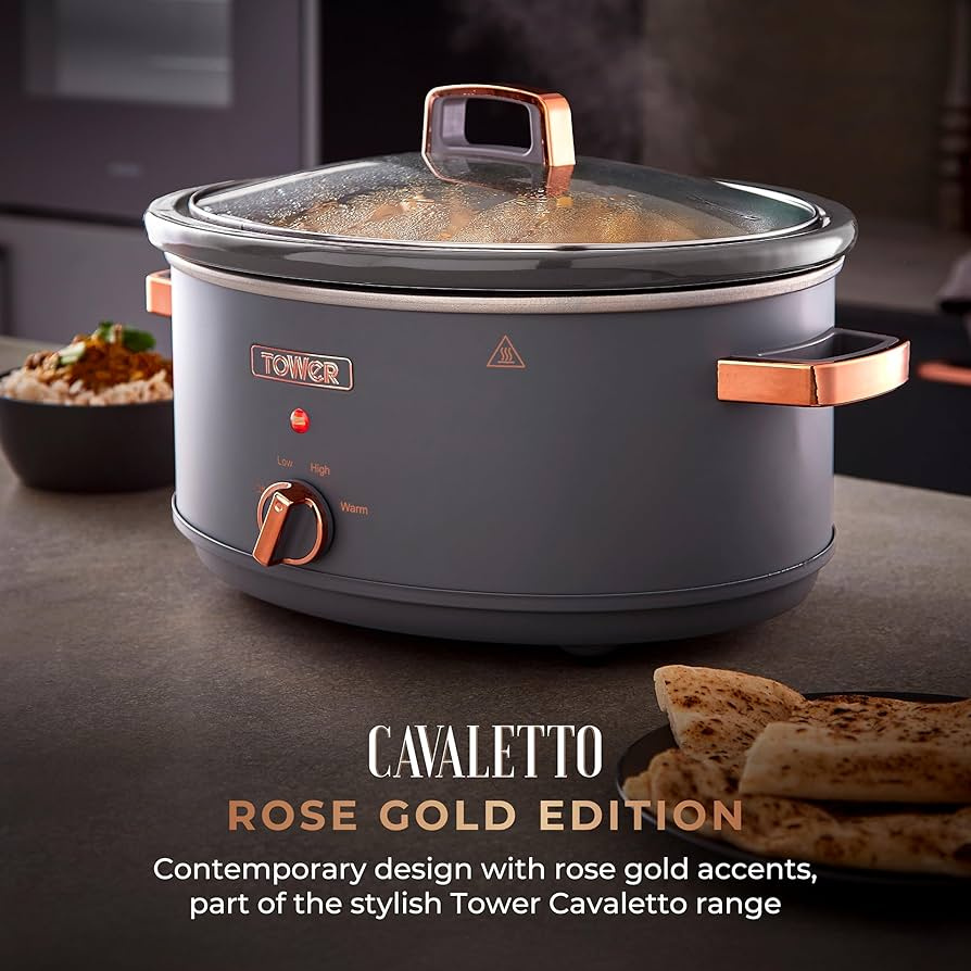 Tower Cavaletto 3.5L Slow Cooker – Grey with Rose Gold Accents | 2 Heat Settings & Keep Warm Function