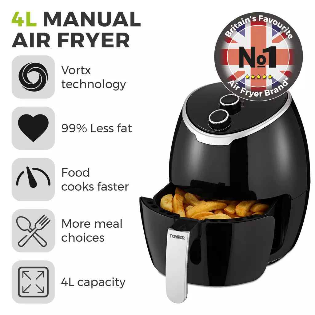 Tower Vortx 4L Manual Air Fryer – Healthy Oil-Free Cooking Appliance