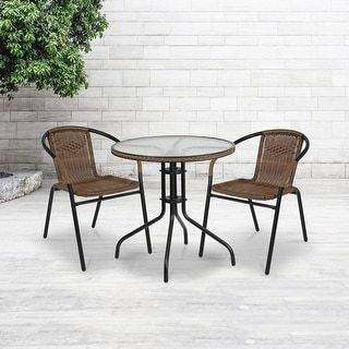 2 Seater Rattan Bistro Set with Glass Top Table & Wicker Chairs