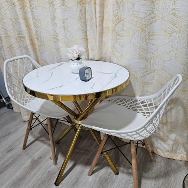 2-Seater White Marble Dining Table Set with Gold Legs & Mesh Chairs