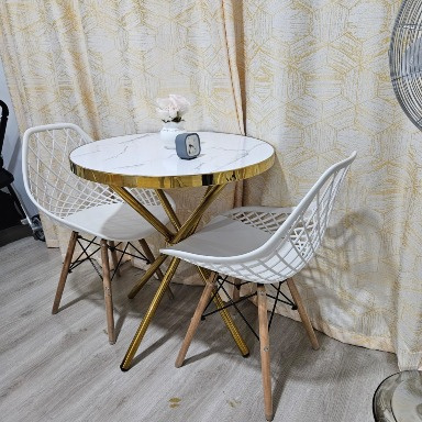 2-Seater White Marble Dining Table Set with Gold Legs & Mesh Chairs
