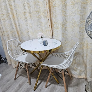 2-Seater White Marble Dining Table Set with Gold Legs & Mesh Chairs