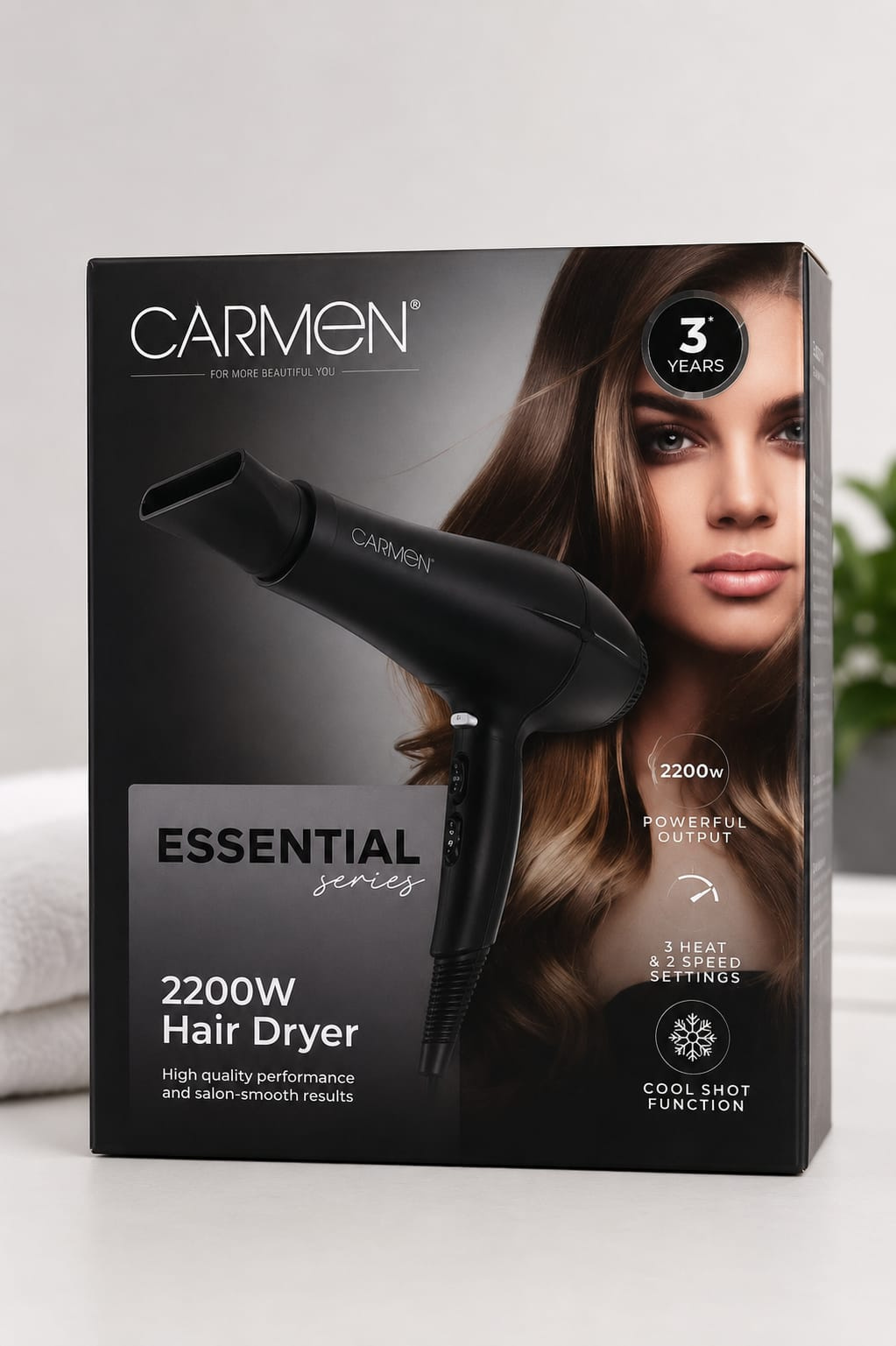 Carmen Essential Series 2200W Hair Dryer – Fast Drying, Cool Shot, 3 Heat Settings