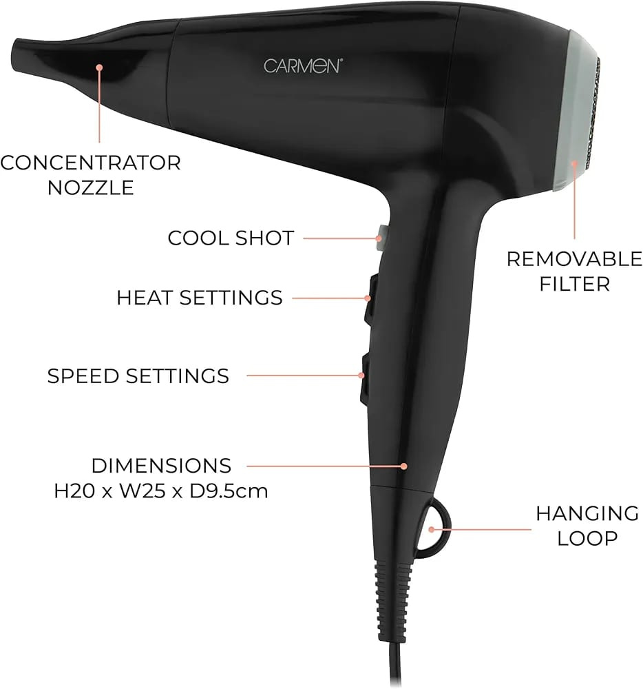 Carmen Essential Series 2200W Hair Dryer – Fast Drying, Cool Shot, 3 Heat Settings