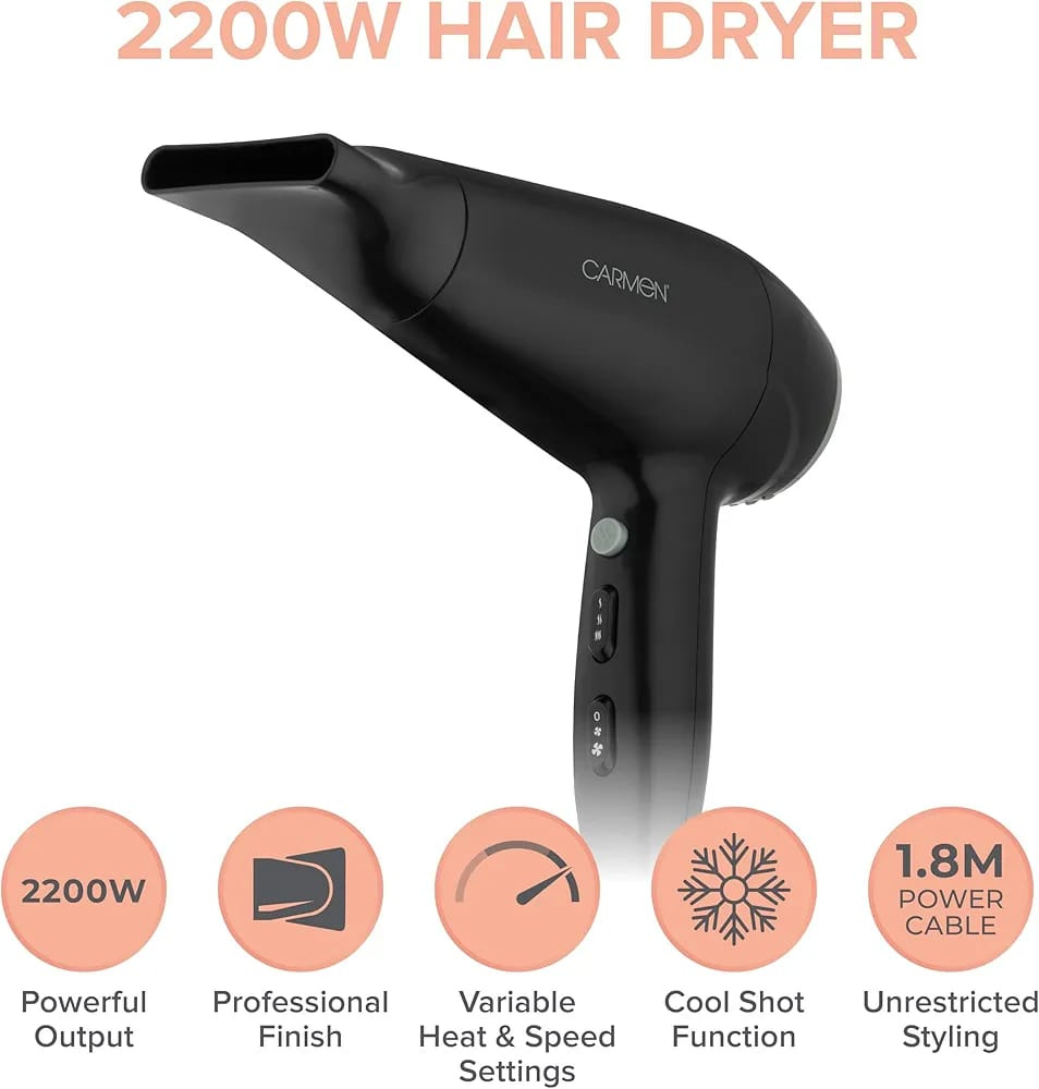 Carmen Essential Series 2200W Hair Dryer – Fast Drying, Cool Shot, 3 Heat Settings