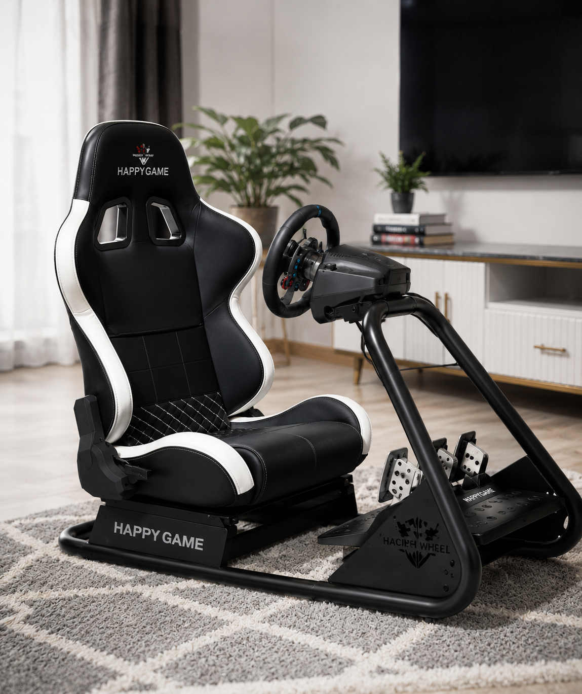 Happygame Racing Simulator Cockpit with Premium Black & White Gaming Seat | Luxehomehub