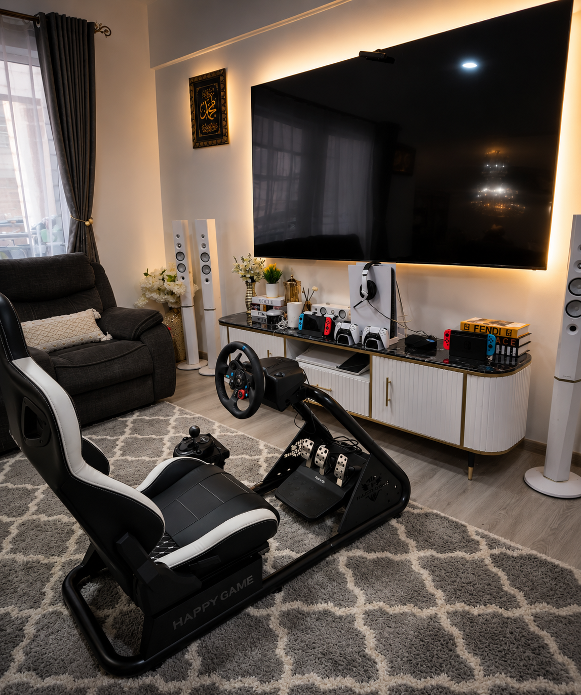 Happygame Racing Simulator Cockpit with Premium Black & White Gaming Seat | Luxehomehub