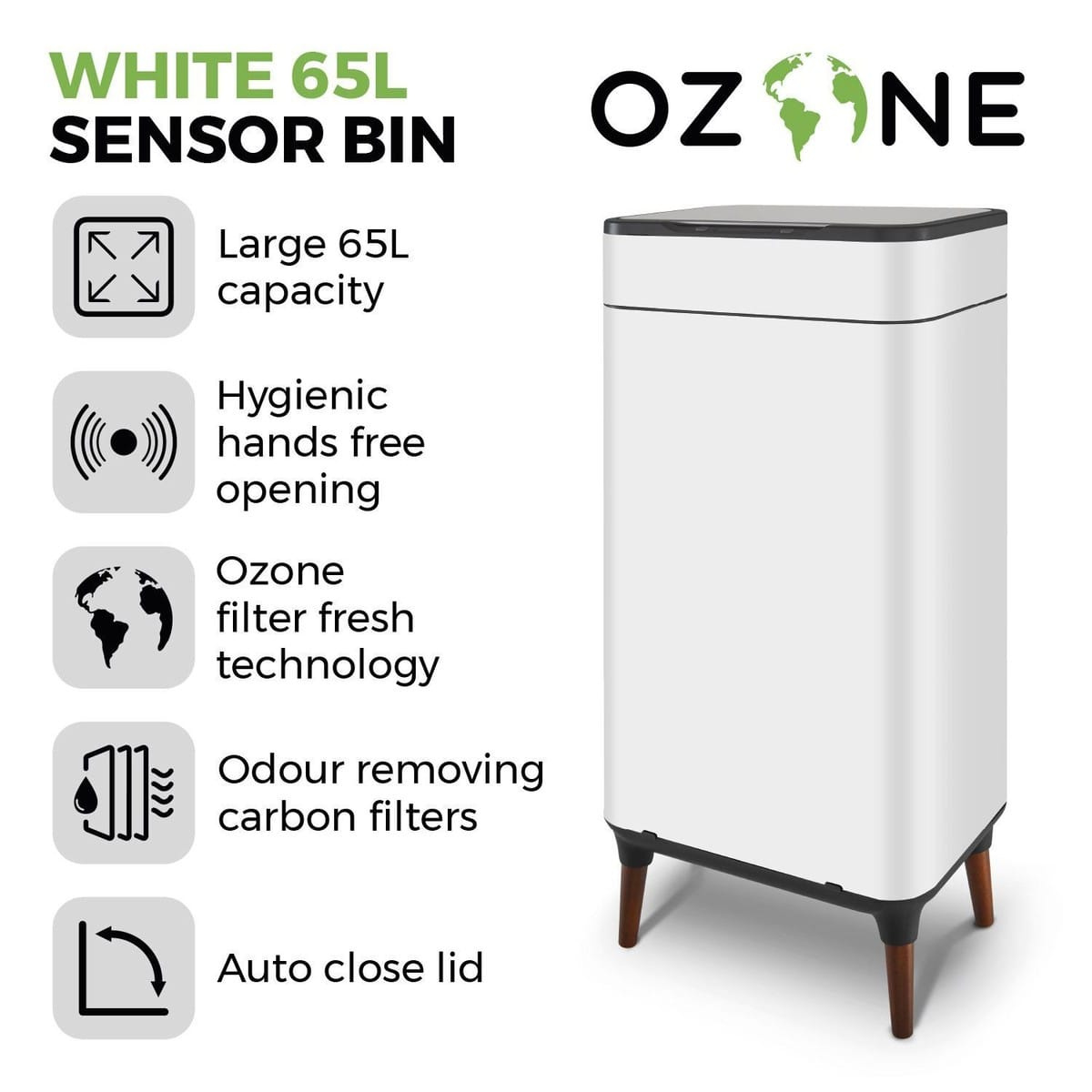Tower T938022WHT Ozone Sensor Bin 65L White | Touch-Free Kitchen Bin with Odour Control