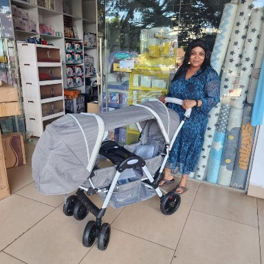 Gray Tandem Twin Baby Stroller – Foldable Double Baby Pram for 0–4 Years