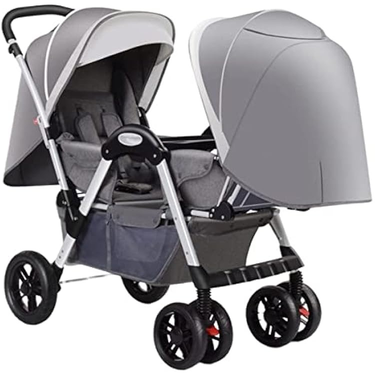 Gray Tandem Twin Baby Stroller – Foldable Double Baby Pram for 0–4 Years