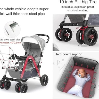 Gray Tandem Twin Baby Stroller – Foldable Double Baby Pram for 0–4 Years