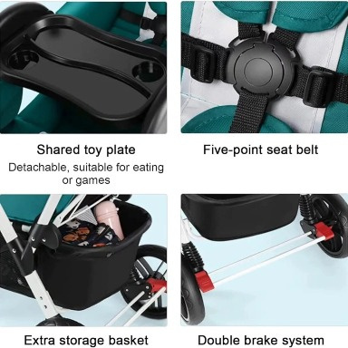 Gray Tandem Twin Baby Stroller – Foldable Double Baby Pram for 0–4 Years
