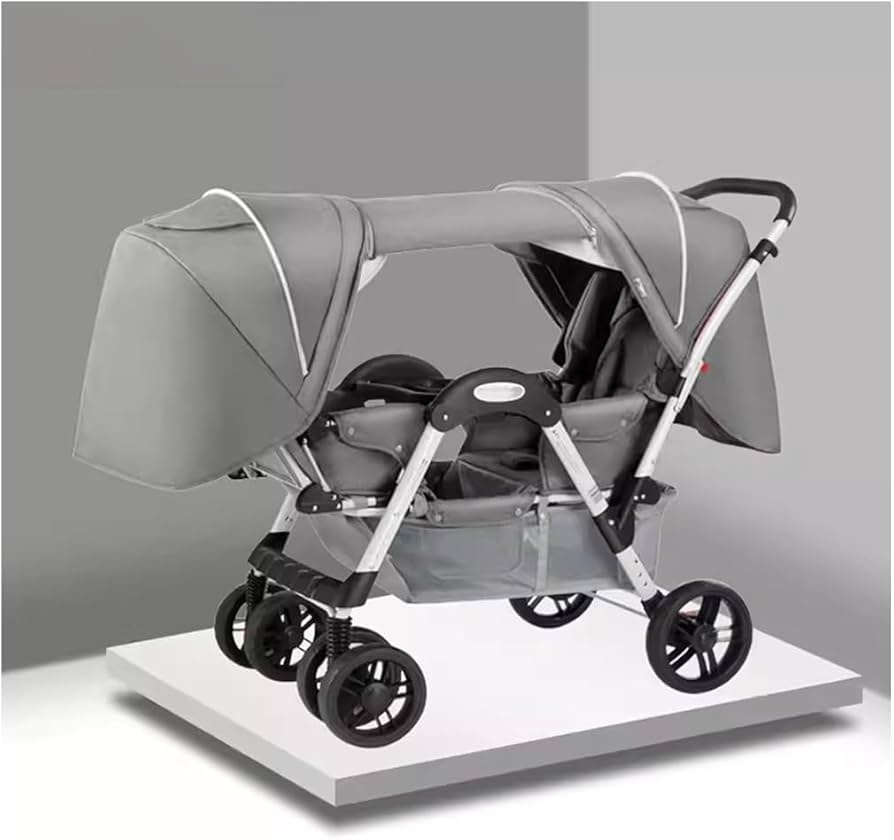 Gray Tandem Twin Baby Stroller – Foldable Double Baby Pram for 0–4 Years