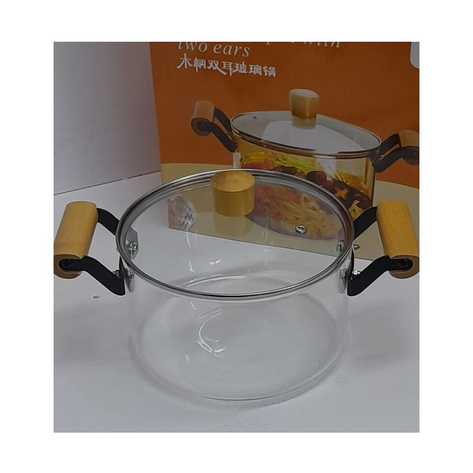 High Borosilicate Glass Cooking Pot with Wooden Handles | Heat Resistant Kitchen Cookware