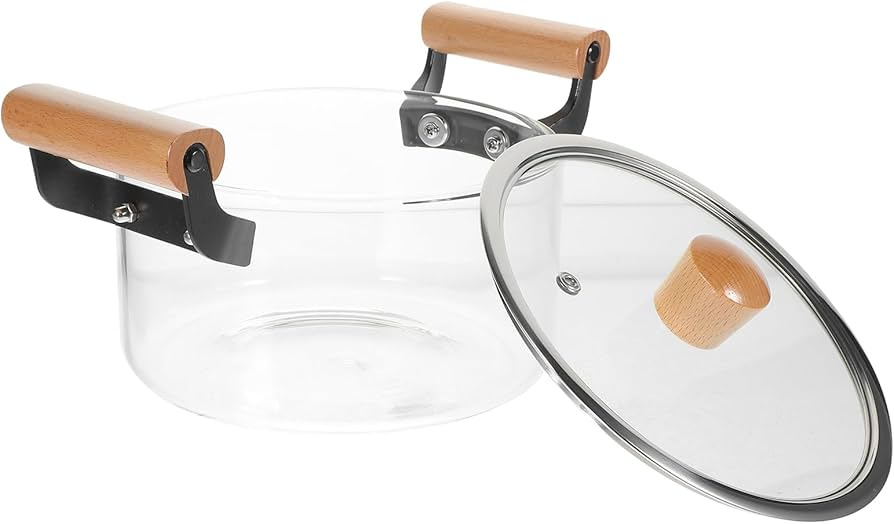 High Borosilicate Glass Cooking Pot with Wooden Handles | Heat Resistant Kitchen Cookware
