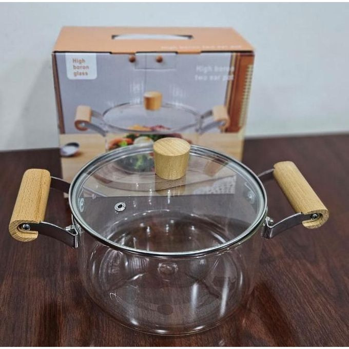 High Borosilicate Glass Cooking Pot with Wooden Handles | Heat Resistant Kitchen Cookware