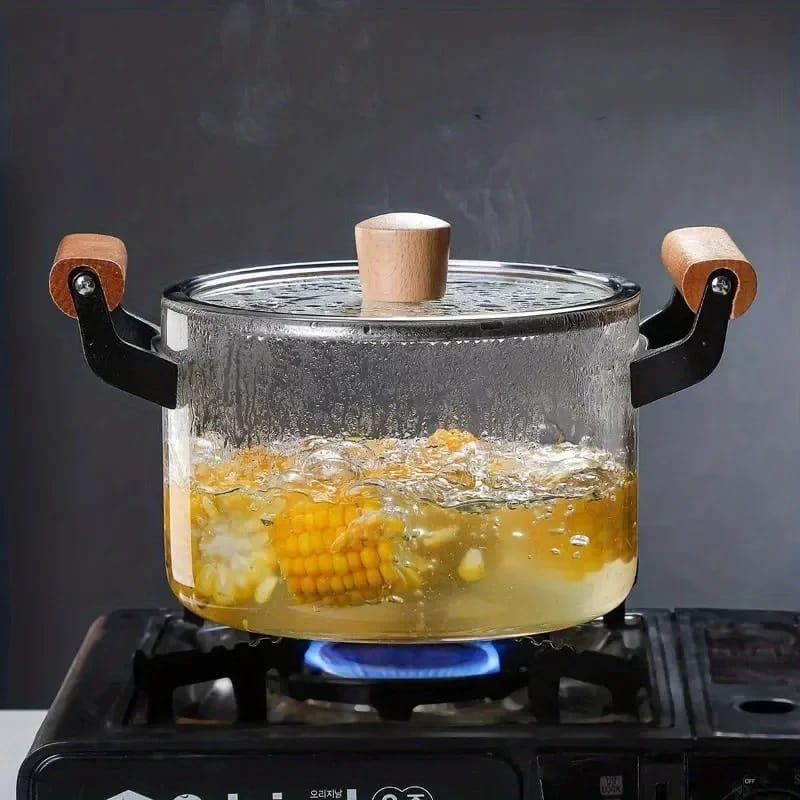 High Borosilicate Glass Cooking Pot with Wooden Handles | Heat Resistant Kitchen Cookware