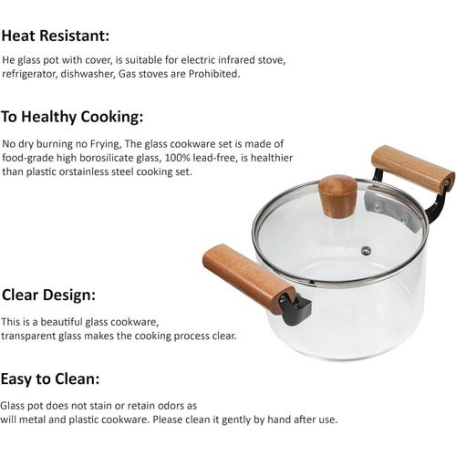 High Borosilicate Glass Cooking Pot with Wooden Handles | Heat Resistant Kitchen Cookware