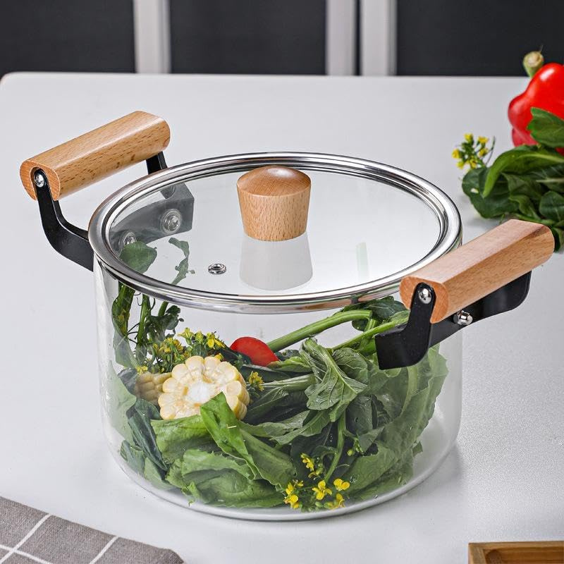 High Borosilicate Glass Cooking Pot with Wooden Handles | Heat Resistant Kitchen Cookware