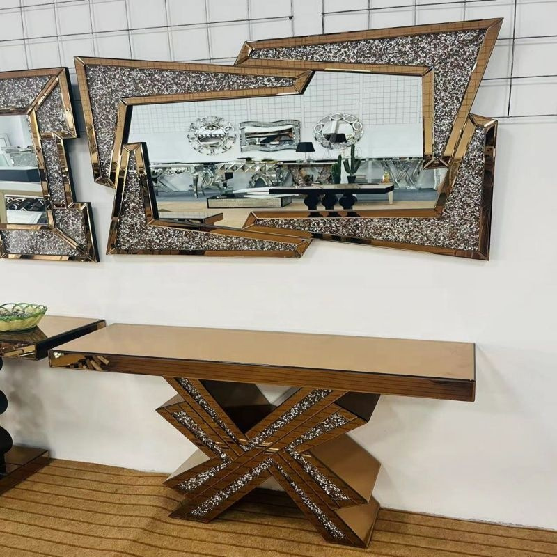 Gold Mirrored Console Table with Crushed Diamond X-Base | Luxury Entryway Furniture