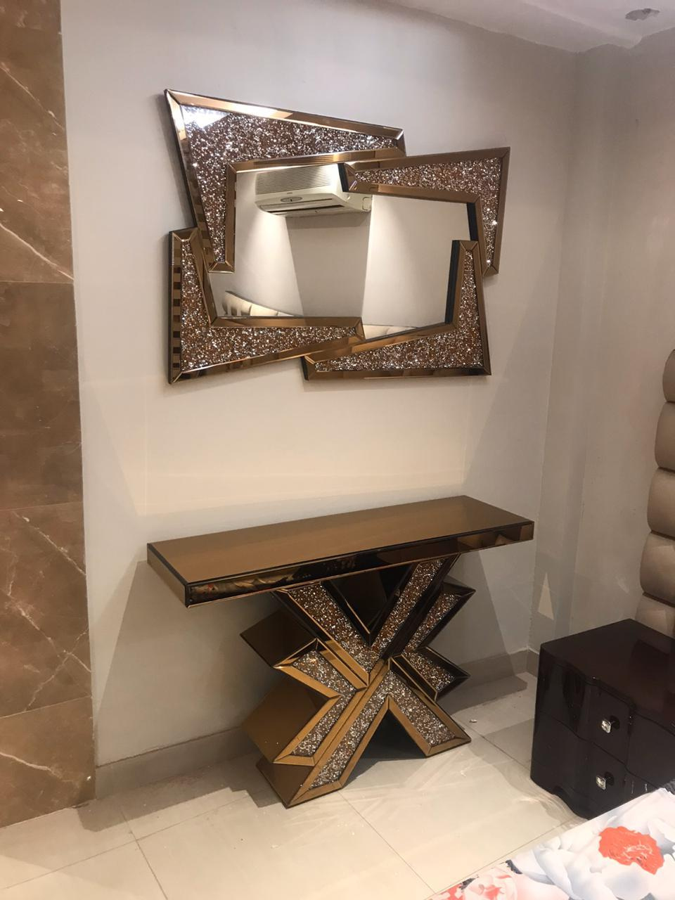 Gold Mirrored Console Table with Crushed Diamond X-Base | Luxury Entryway Furniture