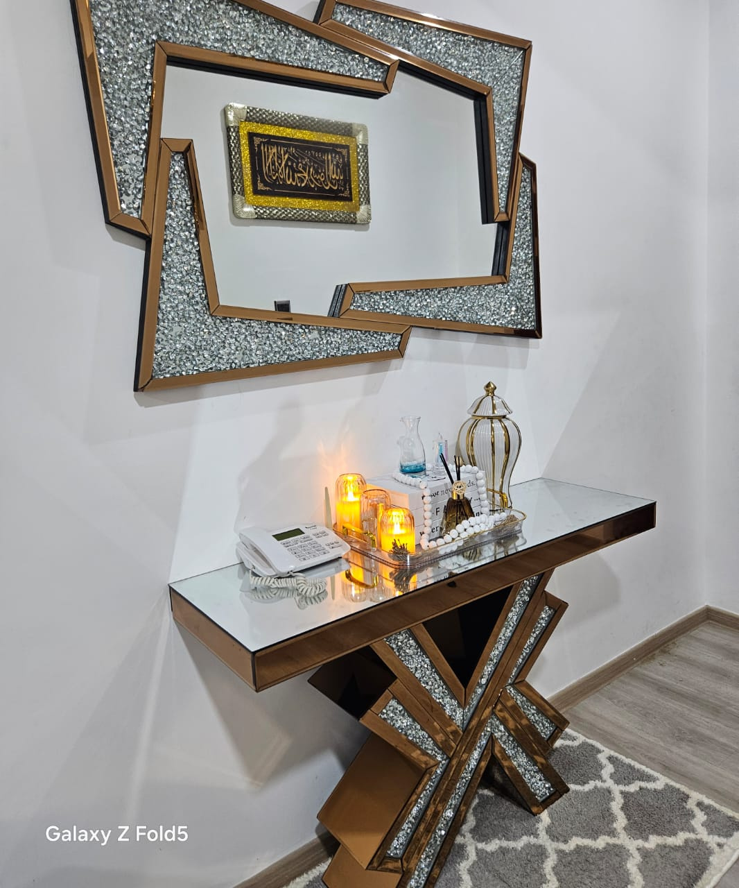 Gold Mirrored Console Table with Crushed Diamond X-Base | Luxury Entryway Furniture