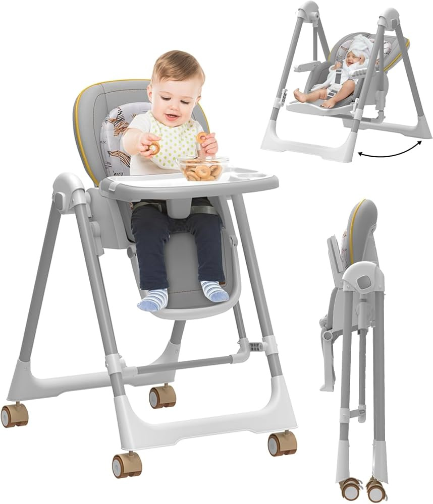Manual adjustable  Dining High Chair & Manual Rocking Swing – Grey & Beige
