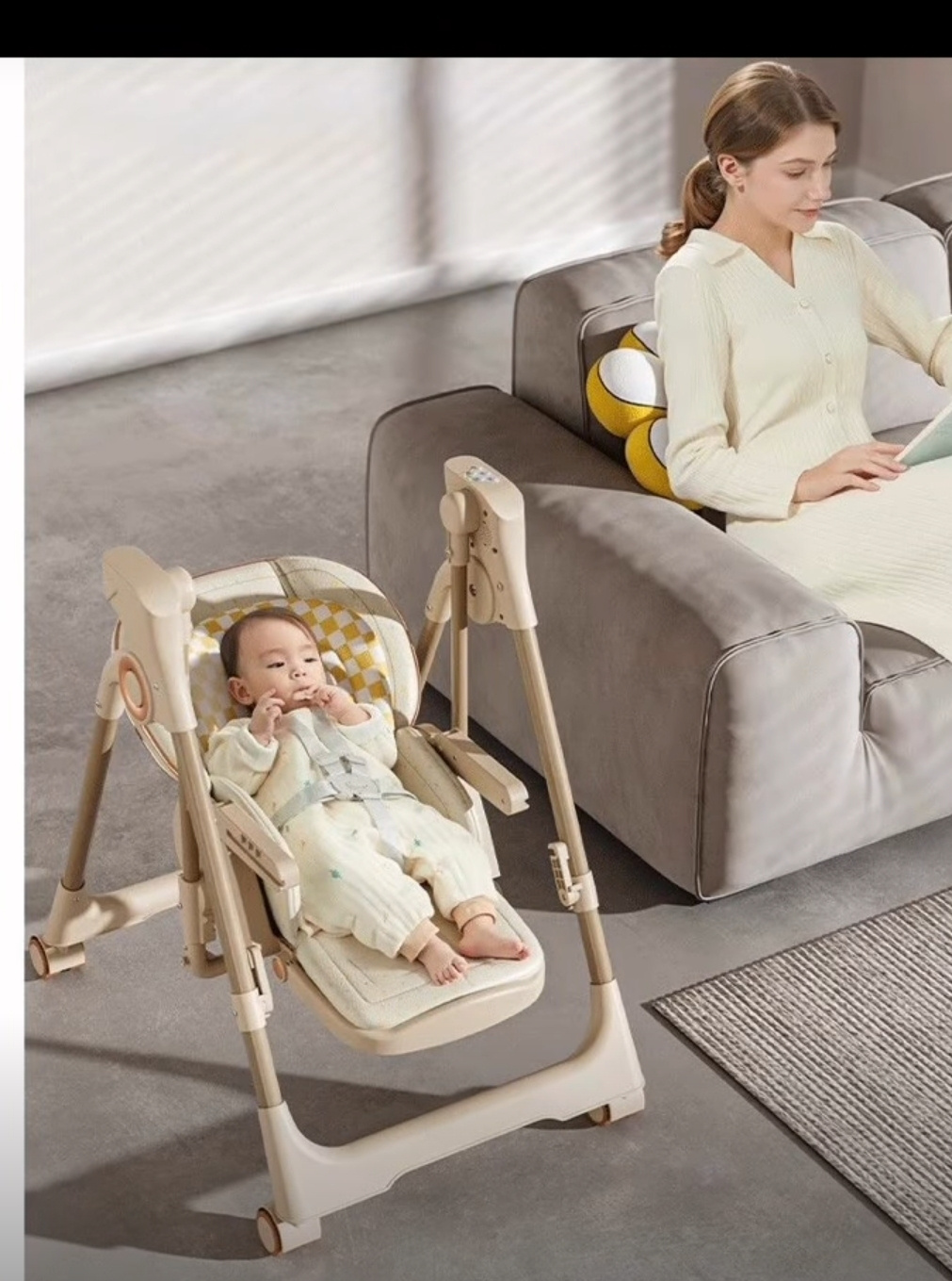 BeBeMorning 2-in-1 Luxury Baby High Chair & Electric Rocking Swing – Grey & Beige